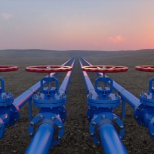 Oil Or Gas Transportation With Blue Gas Or Pipe Line Valves On Soil And Sunrise Background