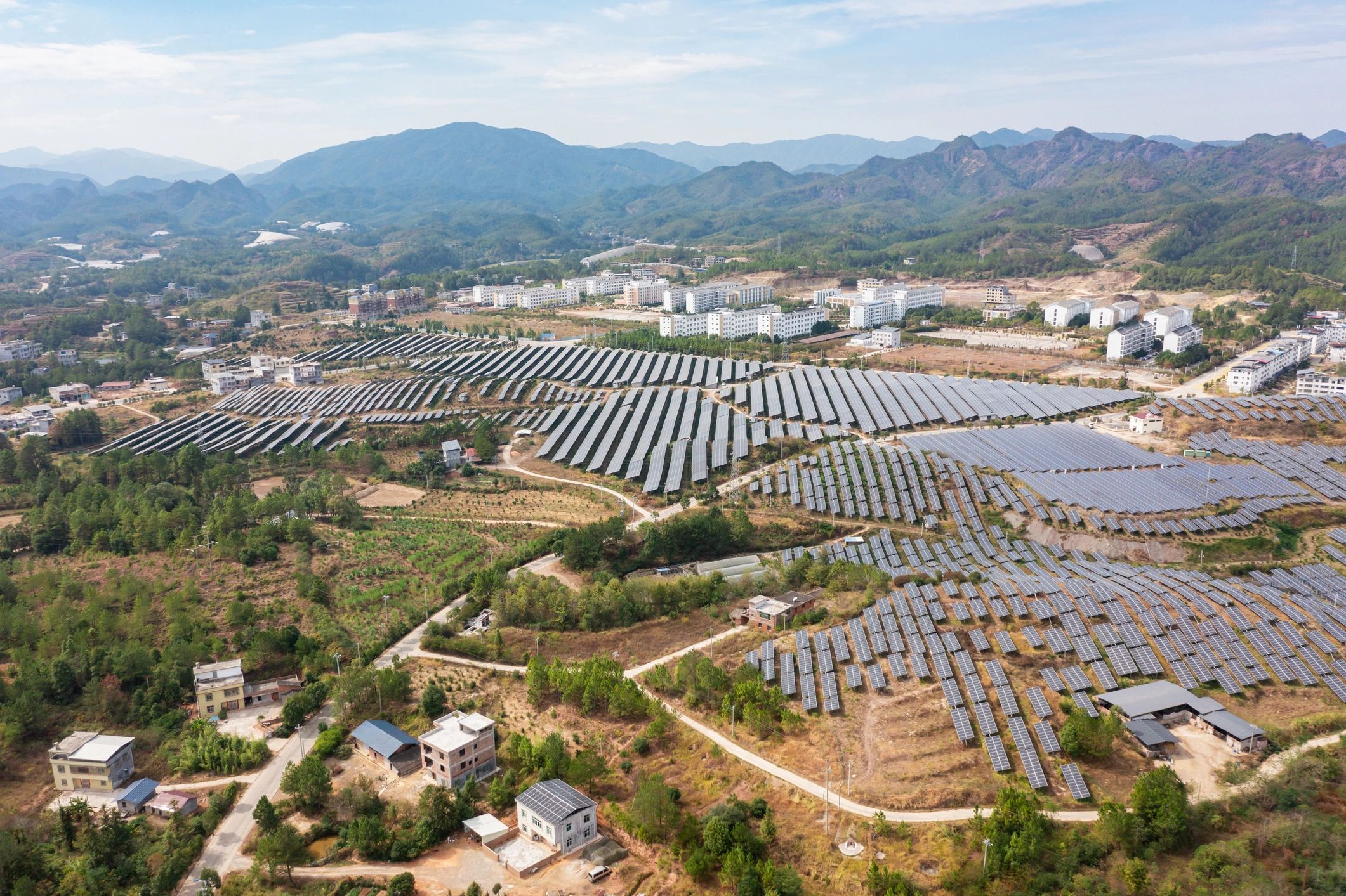 Aerial view of a large solar power plant