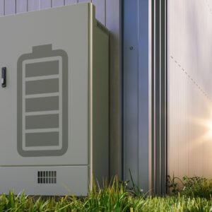 Close-up Of Home Battery Storage System Mounted On Building Facade With Sunlight Background