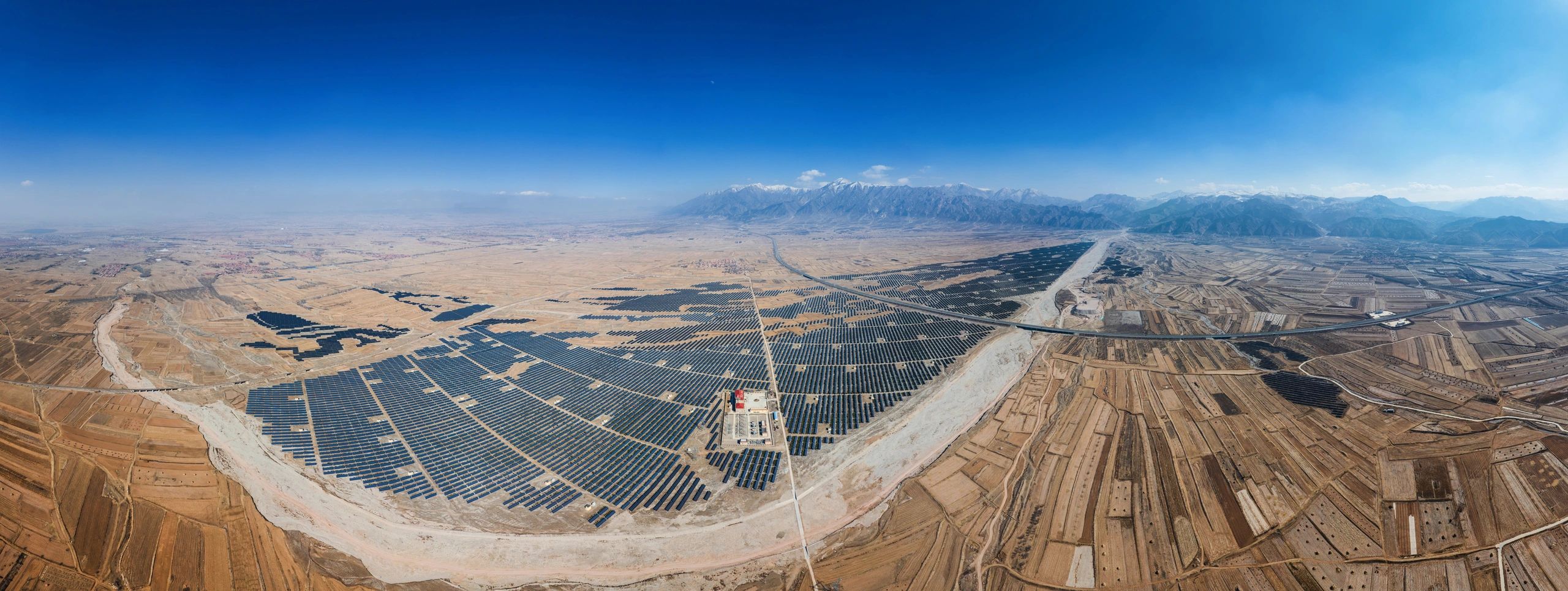 Aerial view of a large solar photovoltaic power plant